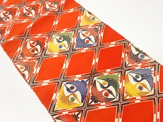 塩瀬型染菱に向かい鶴模様織出し開き名古屋帯（額縁仕立て）